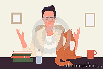Pet owner people and own animals, cat washing licking, young man scolding funny kitty Vector Illustration