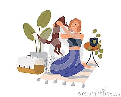 Pet owner taking cute cat out of carrier. Girl and kitty in hand, moved to new house. Happy woman and adopted feline Vector Illustration