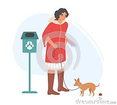 Pet owner walking dog and cleanup poop vector Vector Illustration