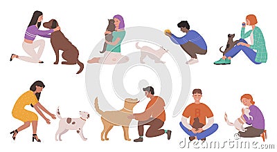 Pet owners people hug, hold in hands and love dog or cat Vector Illustration