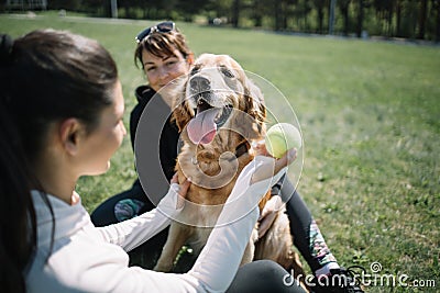 Pet in park playing with girls and ball Stock Photo