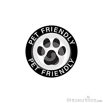 Pet paw or dog label. Footprint with pet friendly text. Vector on isolated white background. EPS 10 Vector Illustration