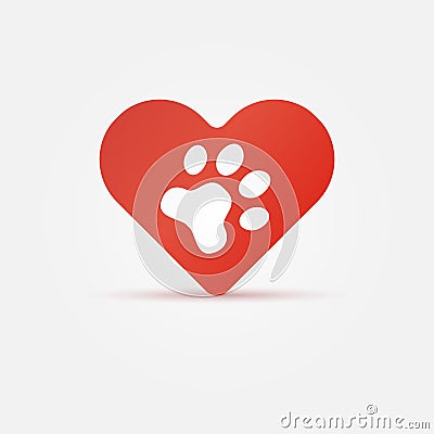 Pet paw in red heart, animal love icon Vector Illustration