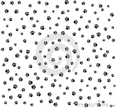 Pet paws black on white seamless pattern background. Vector Illustration