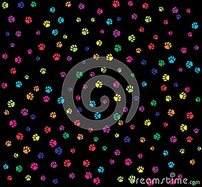 Pet paws colorful on black seamless pattern background. Vector Illustration