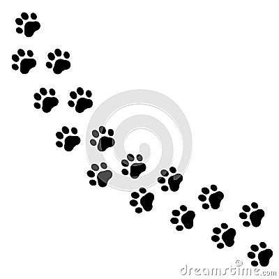 Pet prints. Paw pattern. Footprints for pets, dog or cat. Foot puppy. Black silhouette shape paw print. Footprint pet. Animal trac Vector Illustration
