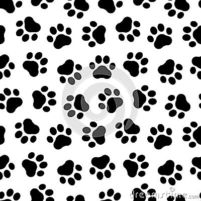 Pet prints. Paw seamless pattern. Cute background for pets, dog or cat. Foot puppy. Black silhouette shape paw. Footprint pet. Ani Vector Illustration