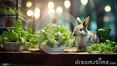 Pet rabbit eating lettuce with hydroponic growing syste Stock Photo
