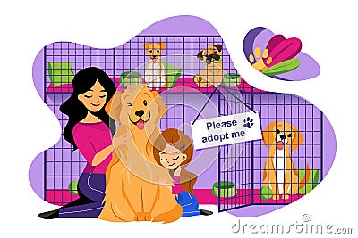 Pet shelter vector flat illustration. Adoption of homeless animals concept. Mom and daughter adopt cute dog from shelter Vector Illustration