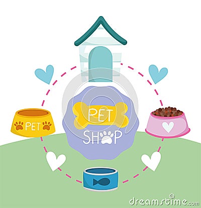 Pet shop, animal house food bowls fish can bone domestic Vector Illustration