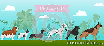 Pet shop banner with different dogs breeds, petshop service and food vector illustration. Vector Illustration