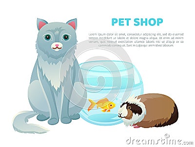 Pet Shop Banner With Various Animals and Text Vector Illustration