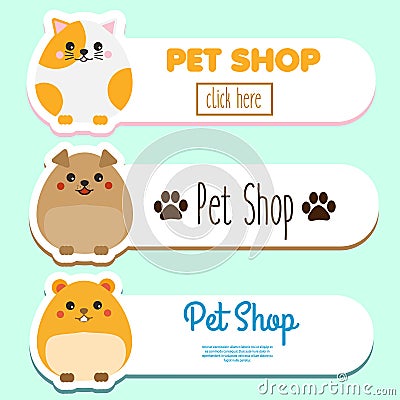 Pet shop banners with cute kawaii animal character: hamster, cat, dog. Vector collection of pet store advertisement. Vector Illustration