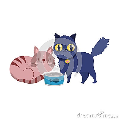 Pet shop, black and striped cats with fish can food animal domestic cartoon Vector Illustration