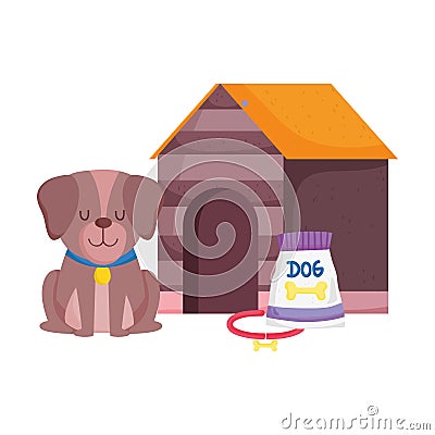 Pet shop, brown dog with collar food and house animal domestic cartoon Vector Illustration