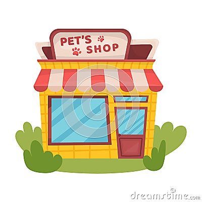 Pet shop building with banner and grass. Vector Illustration