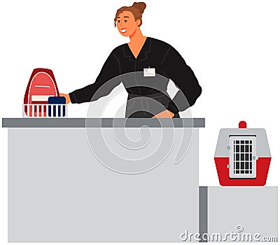 Woman at animal goods store or veterinary clinic reception. Pet shop cashier standing at checkout Vector Illustration
