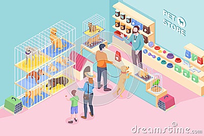Pet shop cats, dogs, animals store isometric Vector Illustration