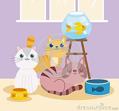 pet shop with cats fish canned food and bowl Vector Illustration