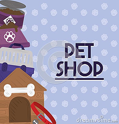 pet shop collar food bowl cage and house poster Vector Illustration