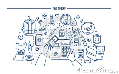 Pet shop contour banner with animals and meds selling. Horizontal contour line art vector illustration. Vector Illustration