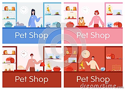 Pet shop counter interior with male and female worker seller. Vector Illustration