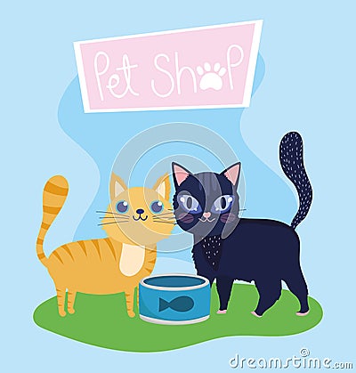 Pet shop, cute cats with fish can food animals domestic cartoon Vector Illustration