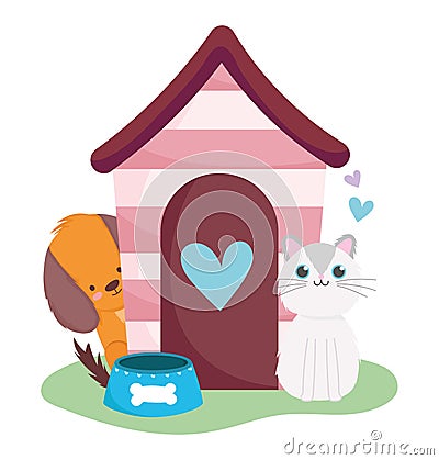 Pet shop, cute dog and cat with house and bowl animal domestic cartoon Vector Illustration