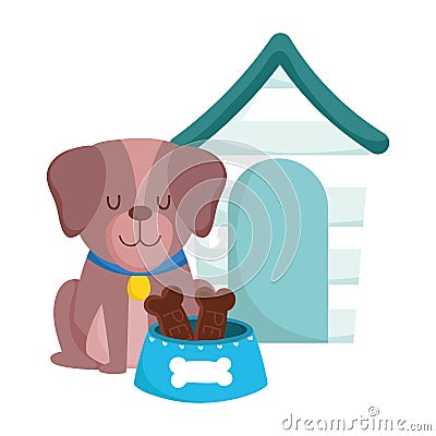 Pet shop, cute dog sitting with collar food and house animal domestic cartoon Vector Illustration