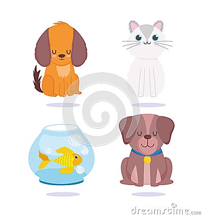 Pet shop, cute dogs cat and fish in crystal bowl animal domestic cartoon Vector Illustration