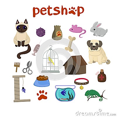 Pet shop decorative icons set with canary, fish, chameleon, rabbit, dog and cat icons and goods for pets cartoon Stock Photo