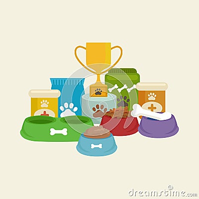 Pet shop, dog goods and supplies, store products for care Vector Illustration