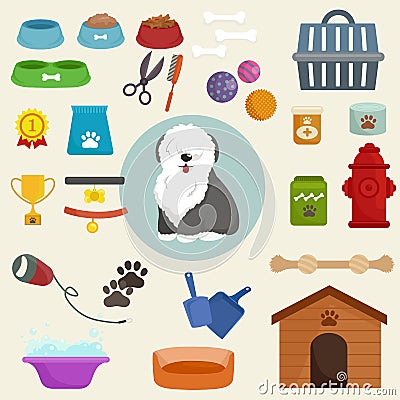 Pet shop, dog goods and supplies, store products for care Vector Illustration