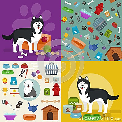 Pet shop, dog goods and supplies, store products for care Vector Illustration