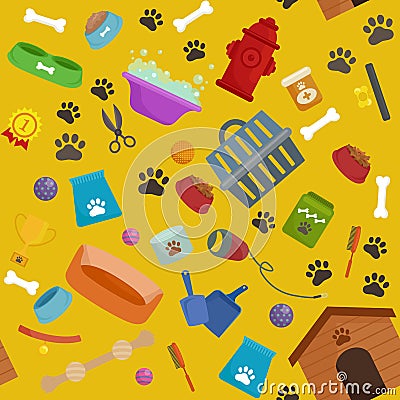 Pet shop, dog goods and supplies, store products for care Vector Illustration