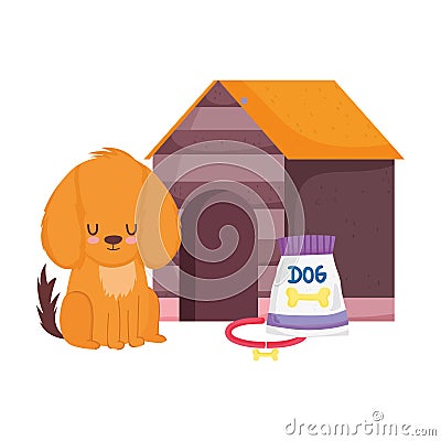 Pet shop, dog sitting with collar food and house animal domestic cartoon Vector Illustration