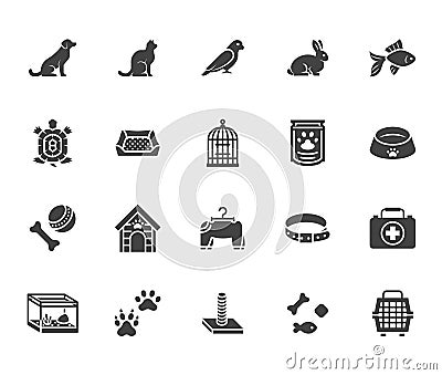 Pet shop flat glyph icons set. Dog carrier, cat scratcher, bird cage, rabbit, fish aquarium, pets paw, collar vector Vector Illustration