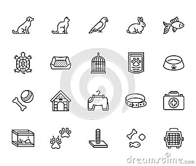 Pet shop flat line icons set. Dog carrier, cat scratcher, bird cage, rabbit, fish aquarium, pets paw, collar vector Vector Illustration