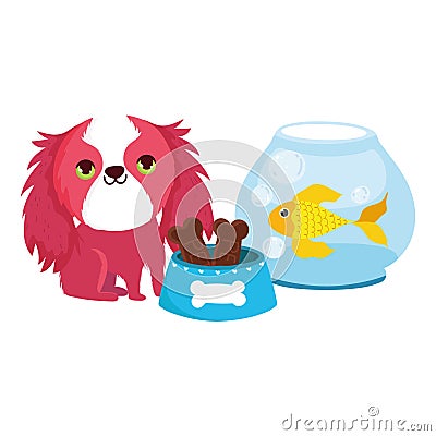 Pet shop, haired little dog fish and bones food animal domestic cartoon Vector Illustration