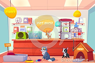 Pet shop with home animals, petshop supermarket Vector Illustration