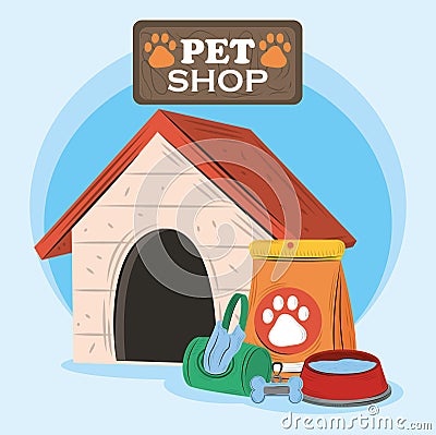 pet shop, house bowl with water food and bags Vector Illustration