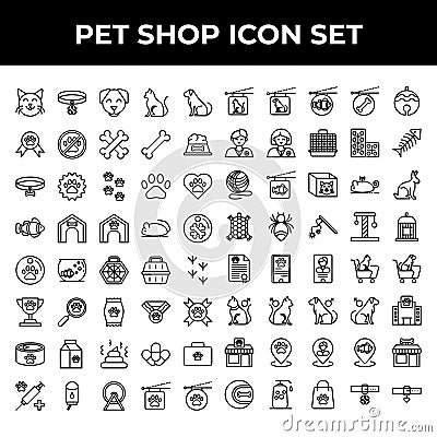 Pet shop icon set include cat, collar, dog, medal, bone, food, achievement, paw, love, memo, house, mouse, goldfish, cage, trophy Vector Illustration