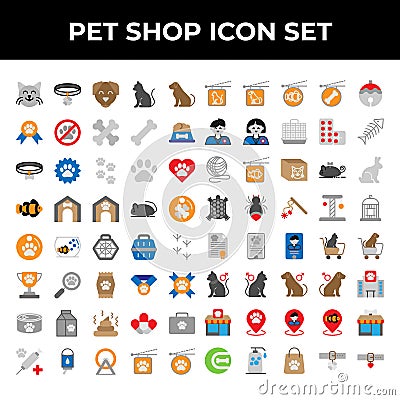 Pet shop icon set include cat, collar, dog, medal, bone, food, achievement, paw, love, memo, house, mouse, goldfish, cage, trophy Vector Illustration