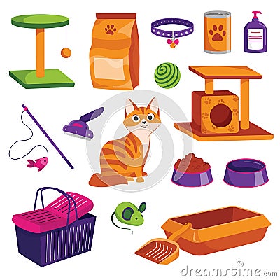 Pet shop icons set. Cat goods vector cartoon illustration. Animal food, toys, care and other stuff Vector Illustration