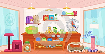 Pet shop interior. Cartoon room indoor zoo store, pets shopping inside or domestic animal house, small petshop home Vector Illustration