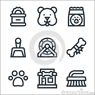 Pet shop line icons. linear set. quality vector line set such as brush, pet shop, pawprint, bone, hamster wheel, dustpan, cat food Vector Illustration