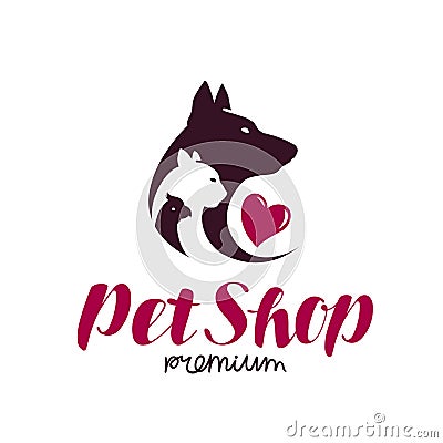 Pet shop logo. Animal shelter, dog, cat, parrot icon or label. Lettering vector illustration Vector Illustration