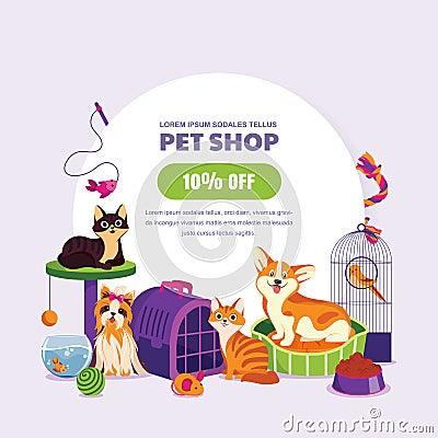Pet shop poster or banner design template. Vector cartoon illustration of cats, dogs, aquarium fish and canary Vector Illustration
