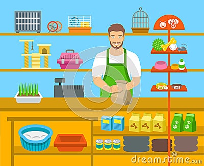 Pet shop seller at counter in store flat illustration Vector Illustration