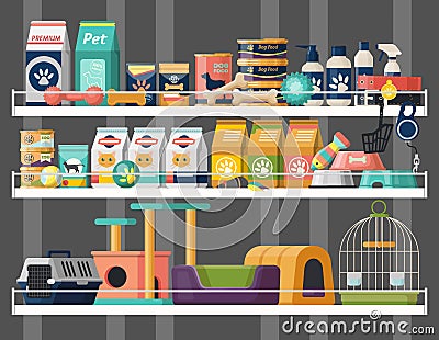 Pet shop or store showcase with animal food Vector Illustration